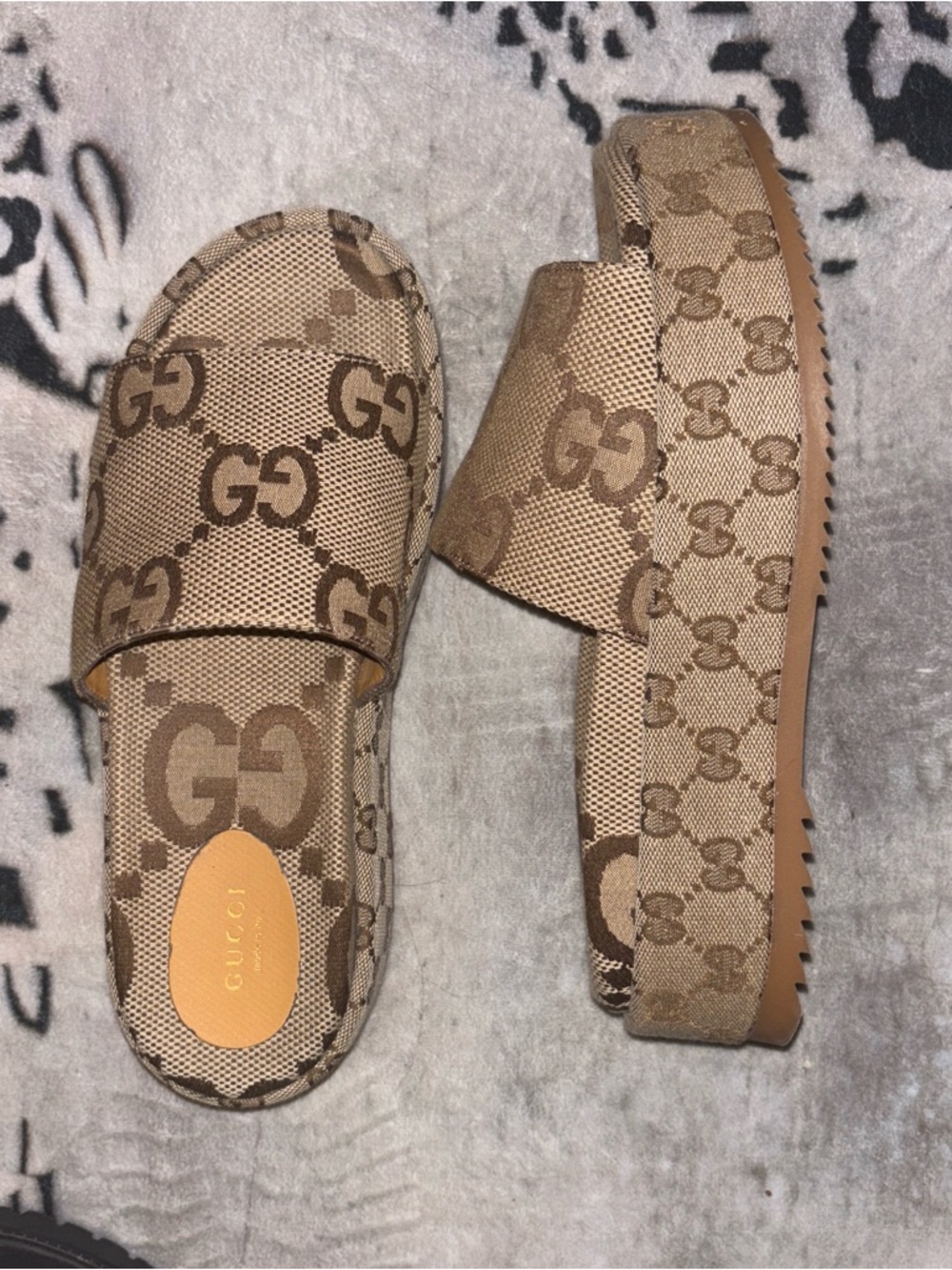 Gucci Beige Brown GG Canvas Platform Slides
